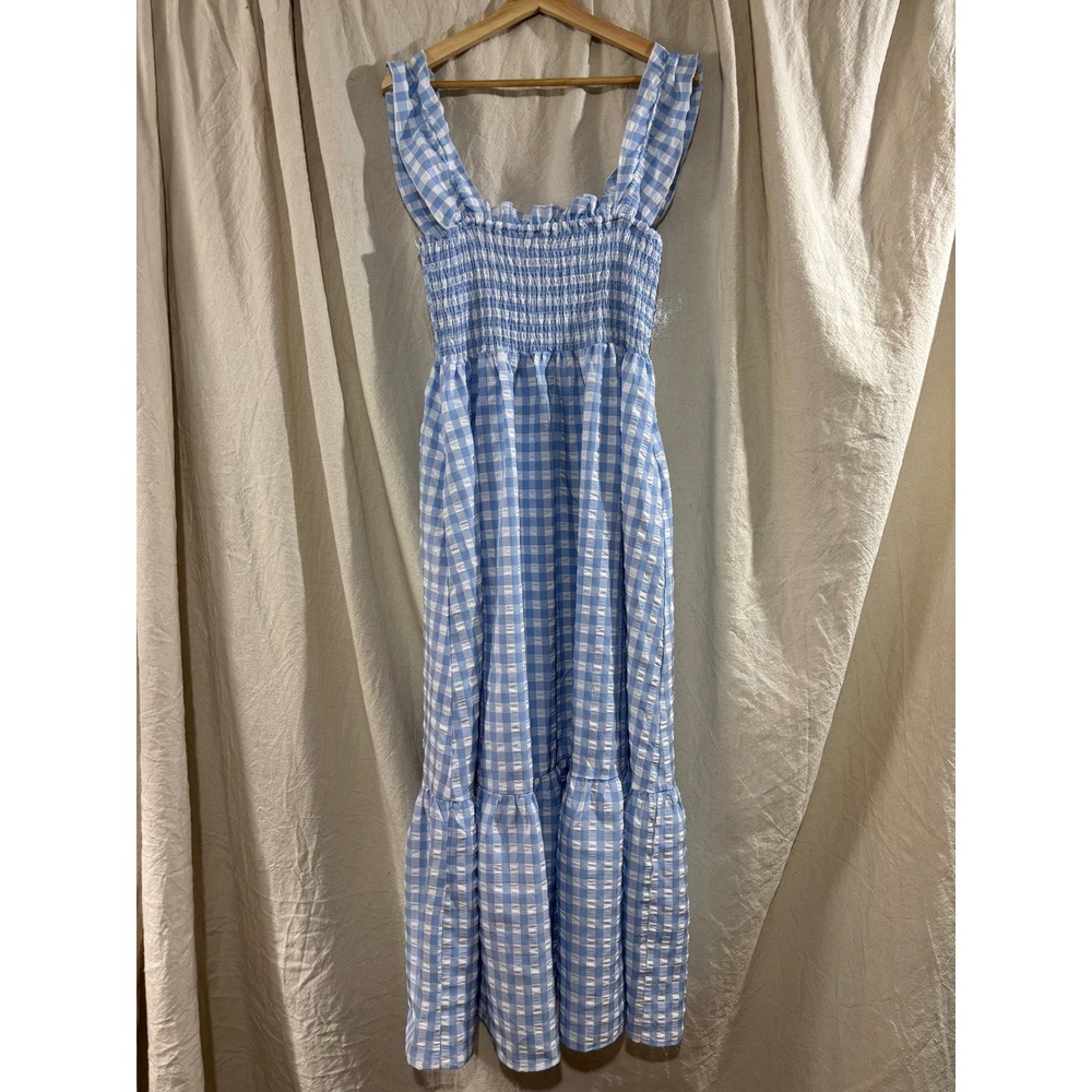 Gingham Smocked Cottagecore Maxi Dress Blue White Ruffle Strap Tiered XL Pockets